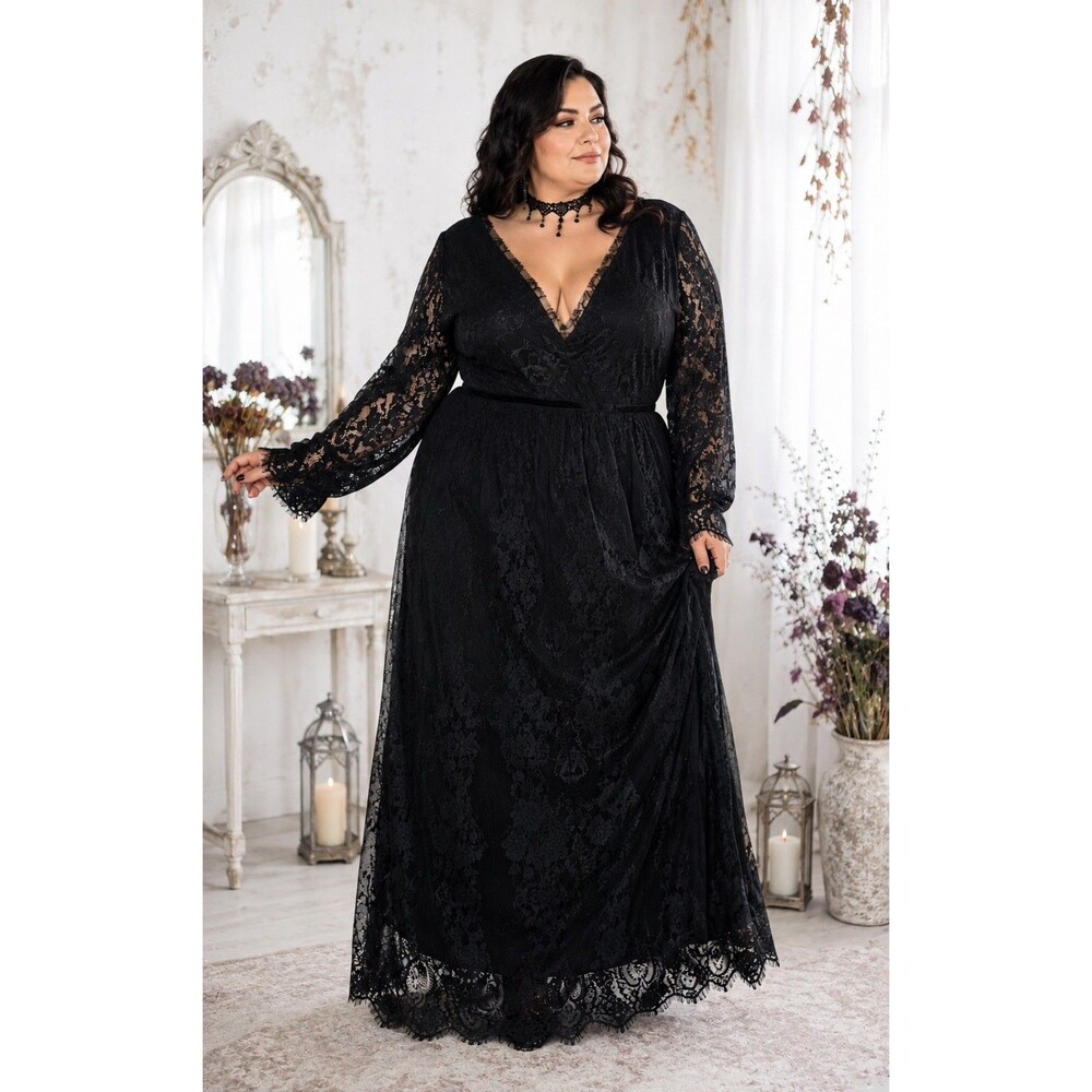 Pluswear women Black Lace Maxi Dress Sheer Duster Witchy Whimsigoth Boho 3XL NWT
